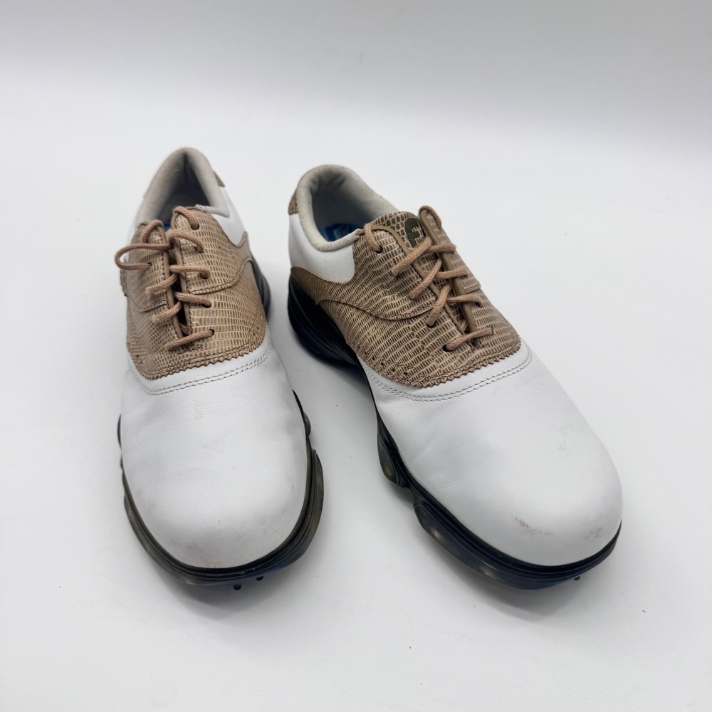 FootJoy DryJoys Golf Shoes Women 6.5 White Tan Snakeskin Leather Spiked 99193